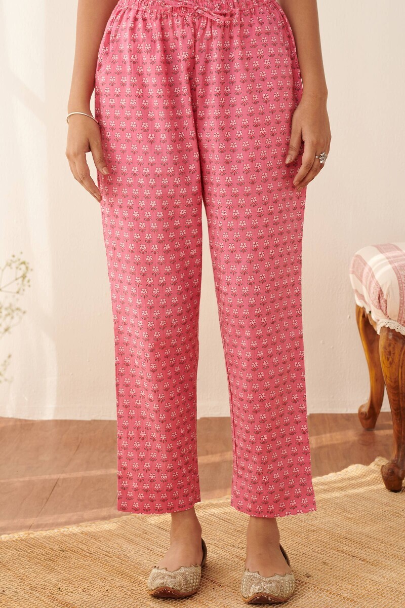 Pink Hand Printed Cotton Narrow Pants