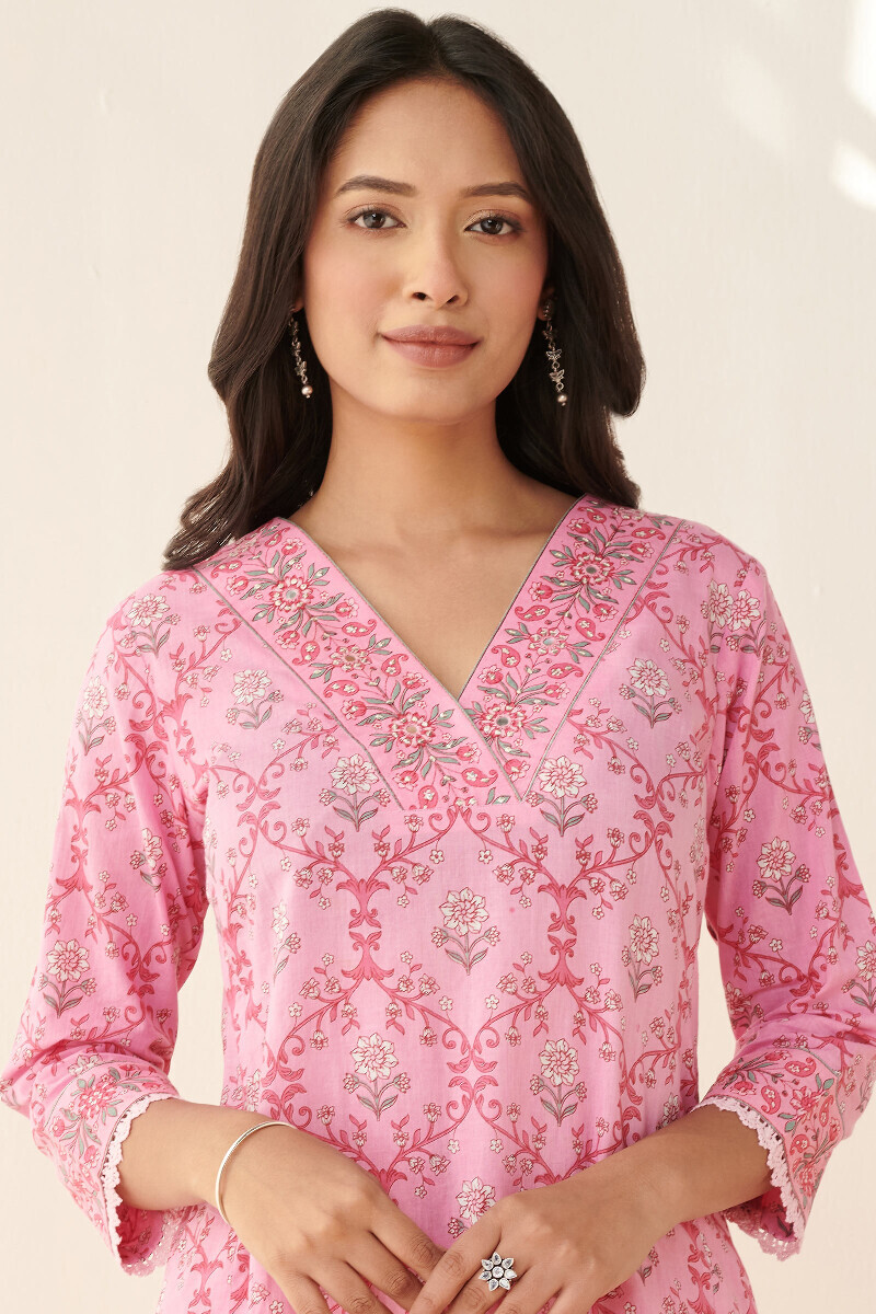 Pink Hand Printed Straight Cotton Kurta