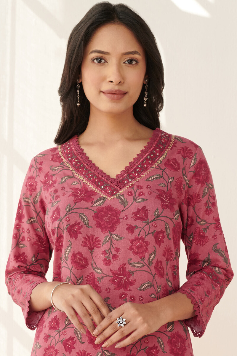 Pink Printed Straight Cotton Kurta