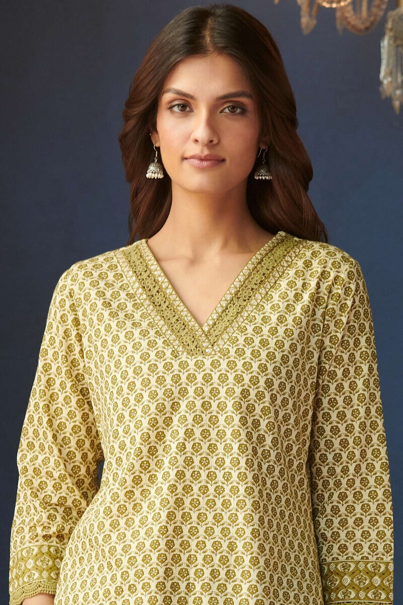 Cream Hand Printed Straight Cotton Kurta