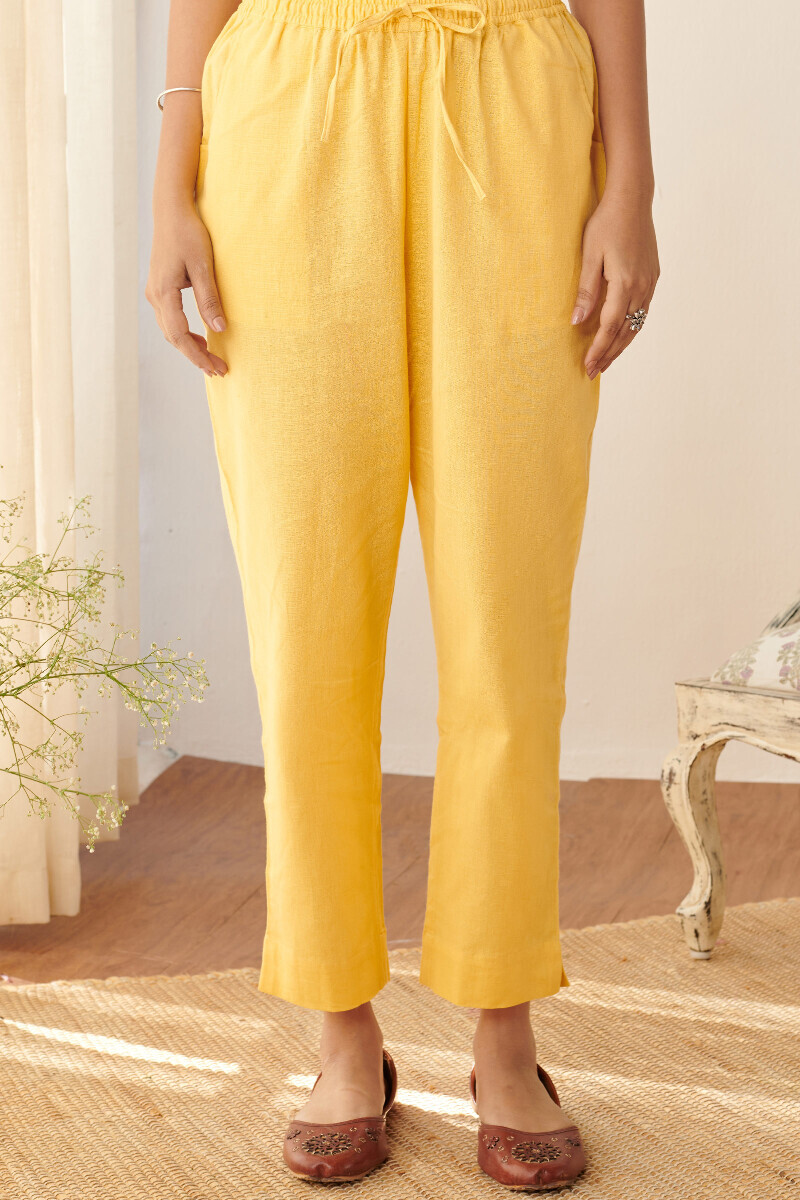 Yellow Handcrafted Cotton Flax Narrow Pants