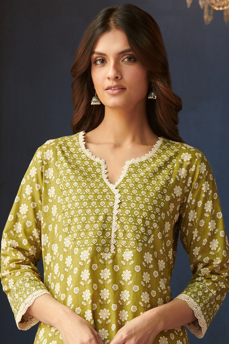 Green Hand Printed Straight Cotton Kurta