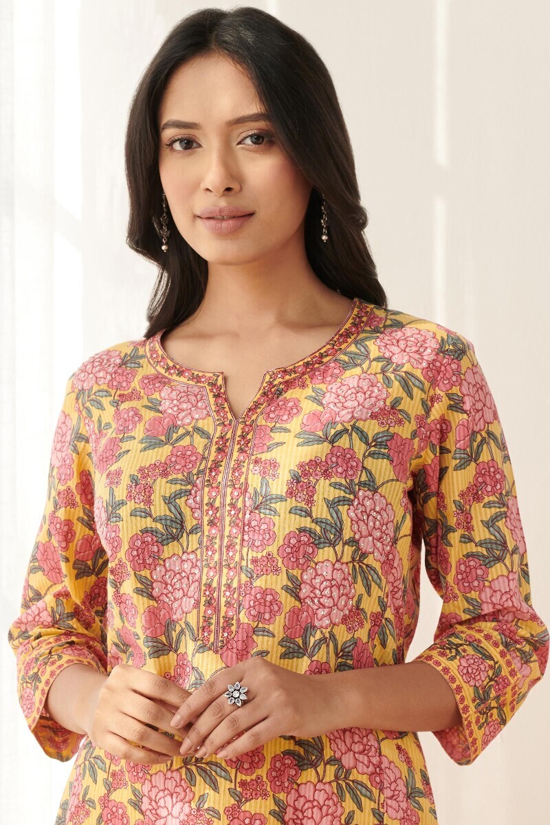 Yellow Hand Printed Straight Cotton Dobby Kurta