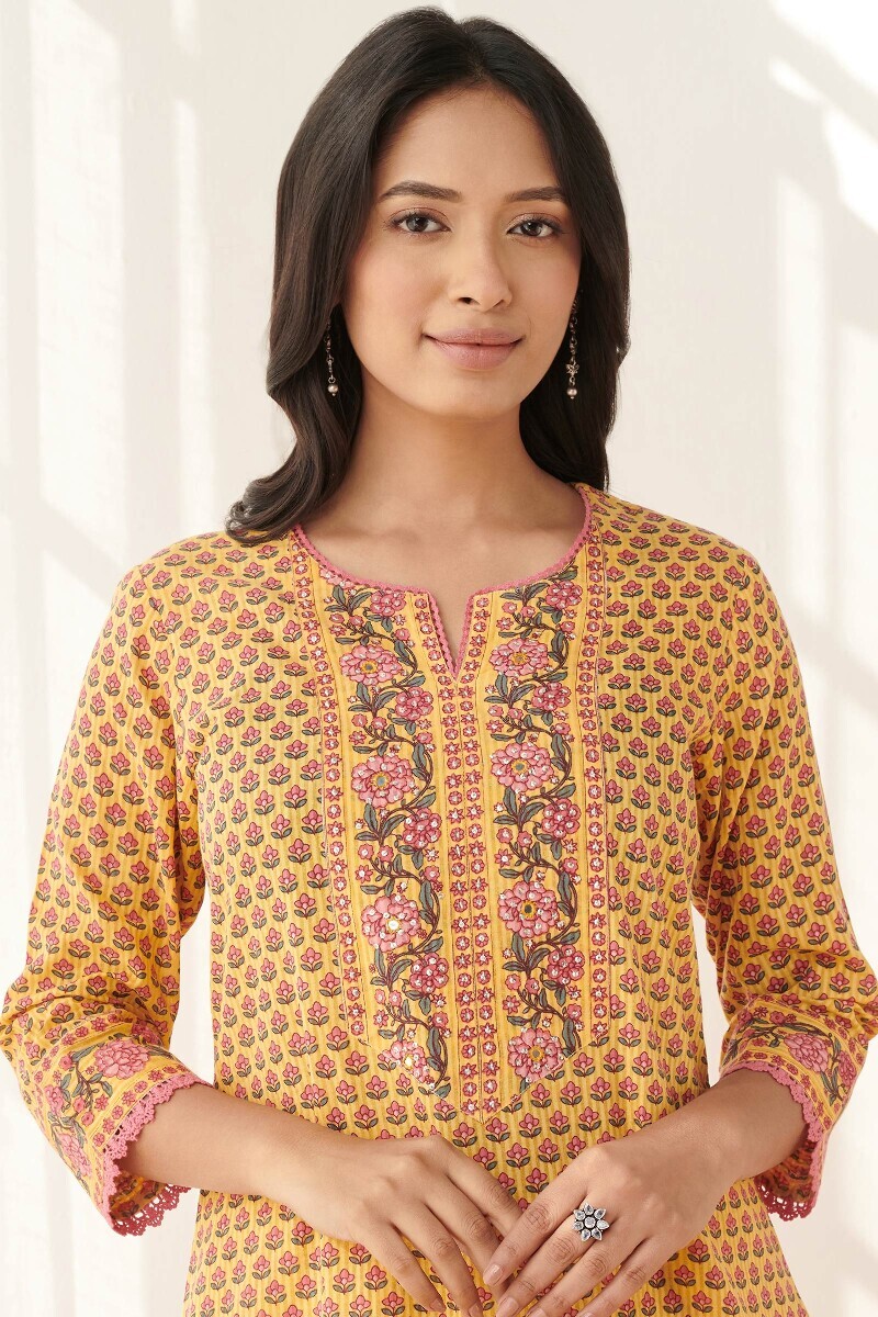 Yellow Hand Printed Straight Cotton Dobby Kurta