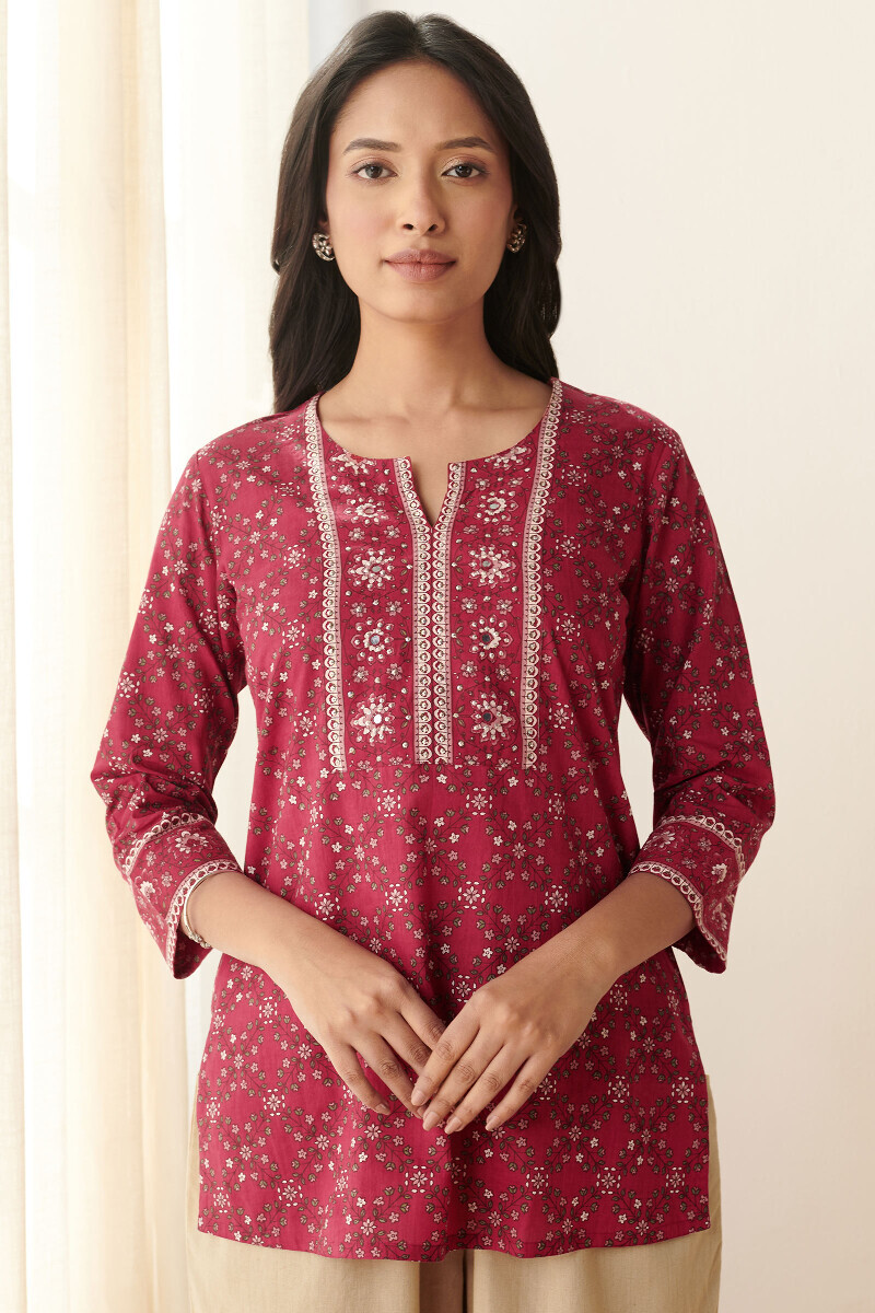 Red Hand Printed Cotton Top