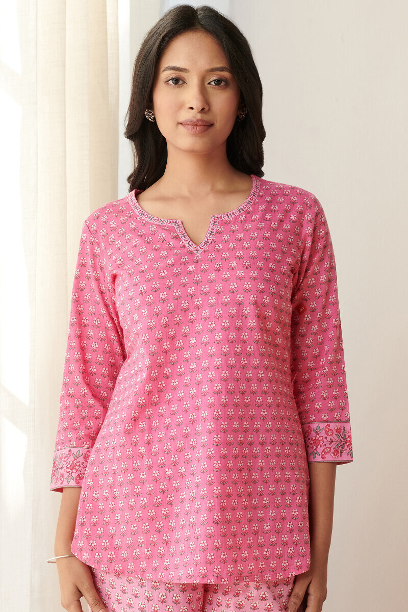 Pink Hand Printed Cotton Loungewear Set