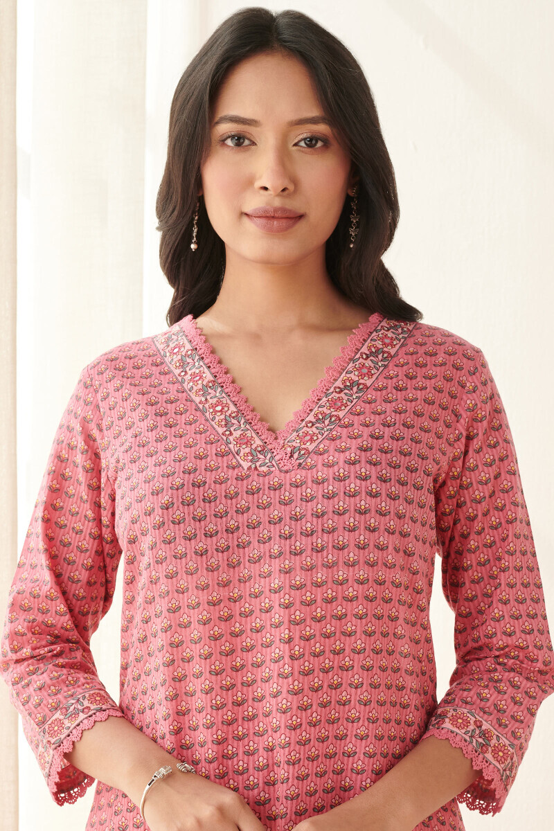 Pink Hand Printed Straight Cotton Dobby Kurta