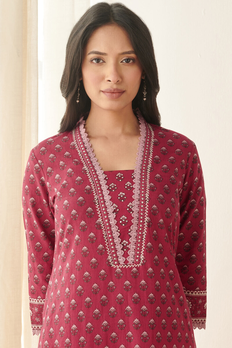 Red Hand Printed Straight Cotton Kurta