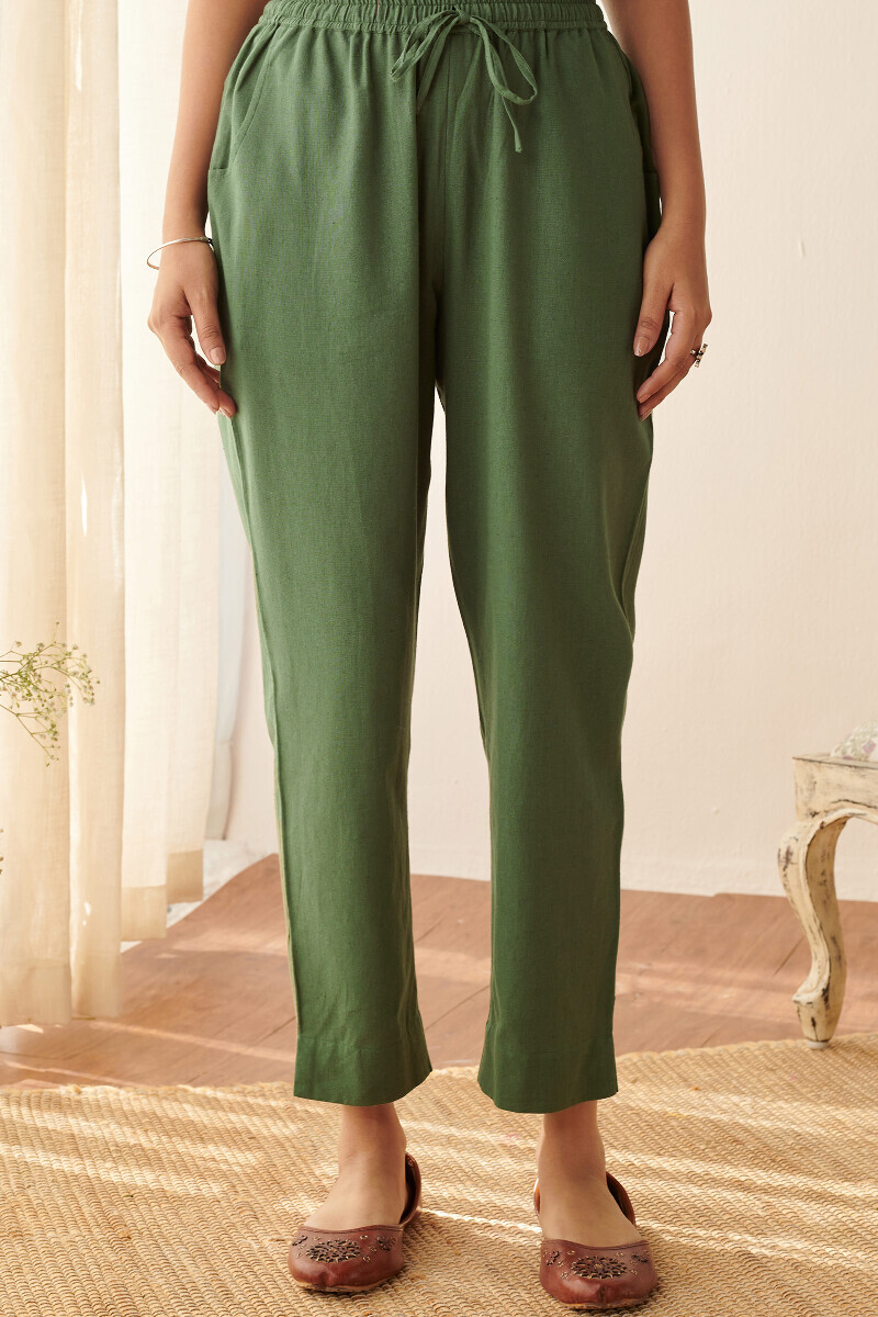 Green Handcrafted Cotton Flax Narrow Pants