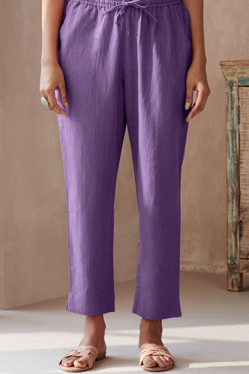 Purple Handcrafted Cotton Flax Narrow Pants