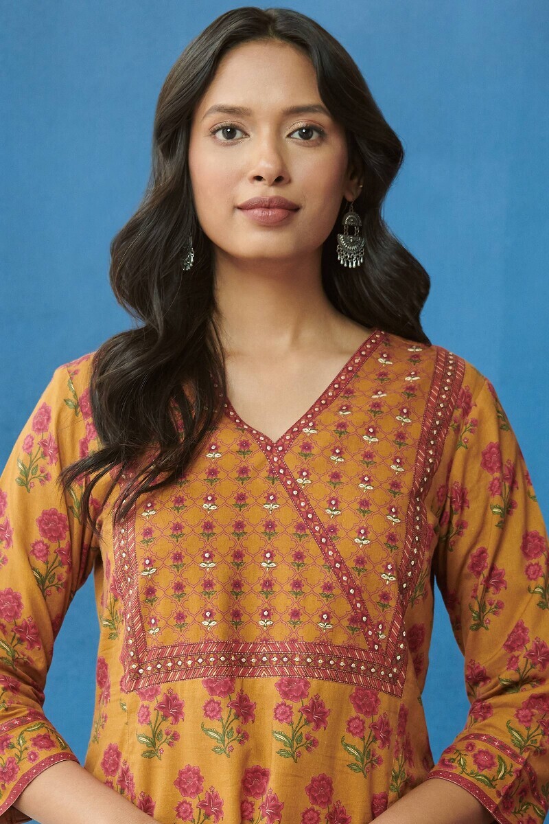 Mustard Printed Straight Cotton Kurta