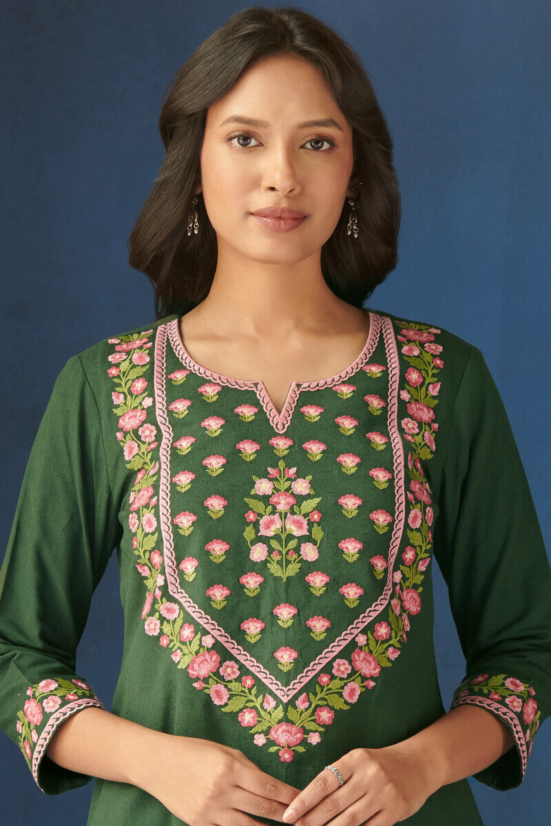 Green Handcrafted Straight Cotton Flax Kurta