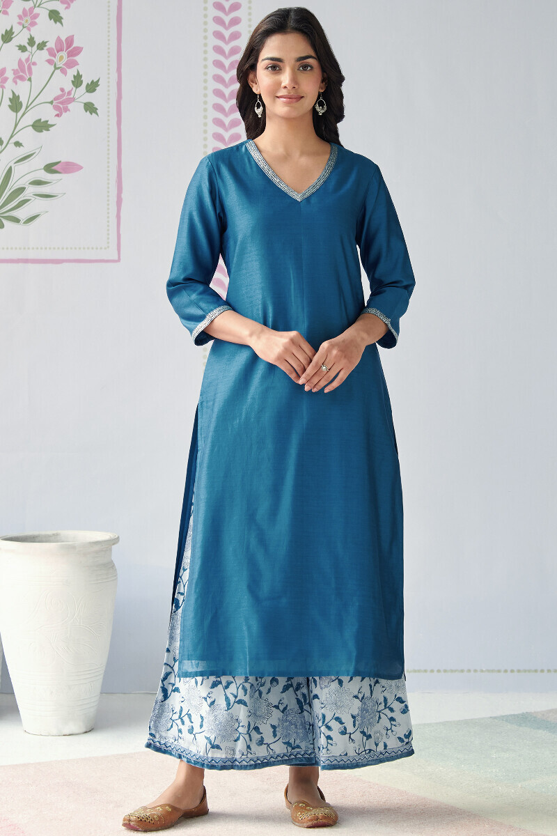 Blue Hand Block Printed Chanderi Palazzos