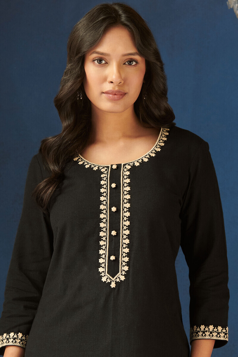 Black Handcrafted Straight Cotton Flax Kurta