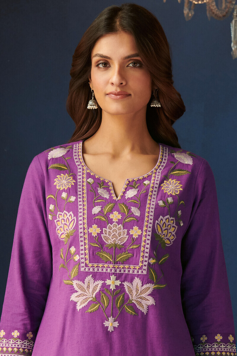 Purple Handcrafted Straight Cotton Flax Kurta