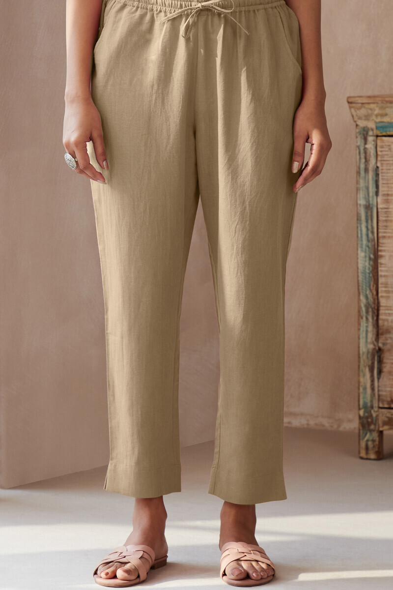 Beige Handcrafted Cotton Flax Narrow Pants