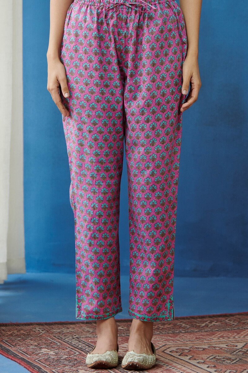 Pink Hand Printed Cotton Slub Narrow Pants