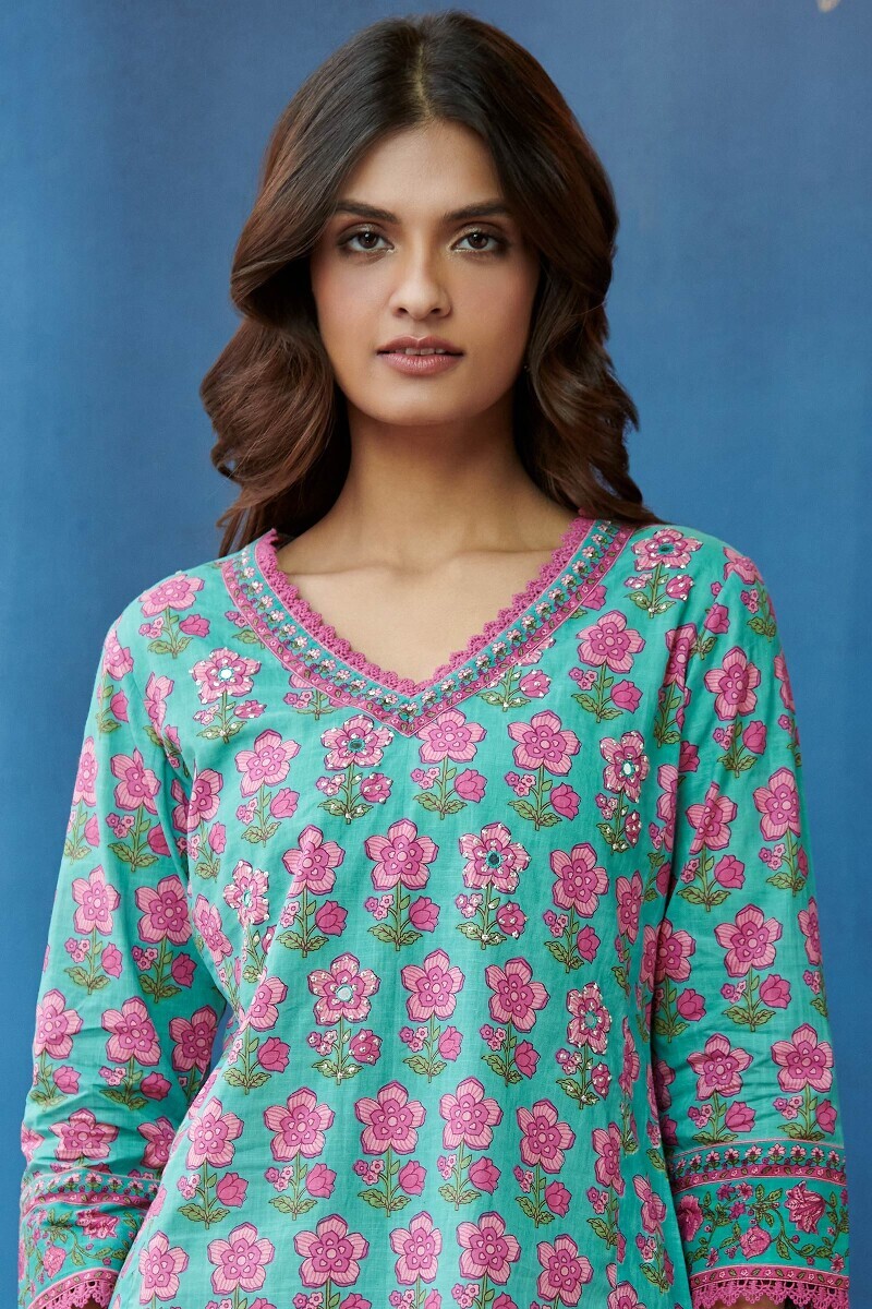 Blue Hand Printed Straight Cotton Slub Kurta