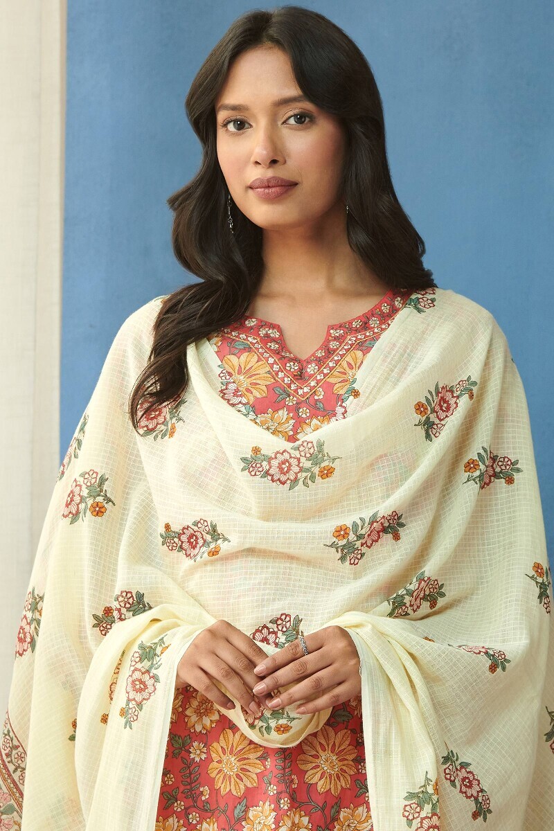 Cream Hand Printed Kota Dupatta