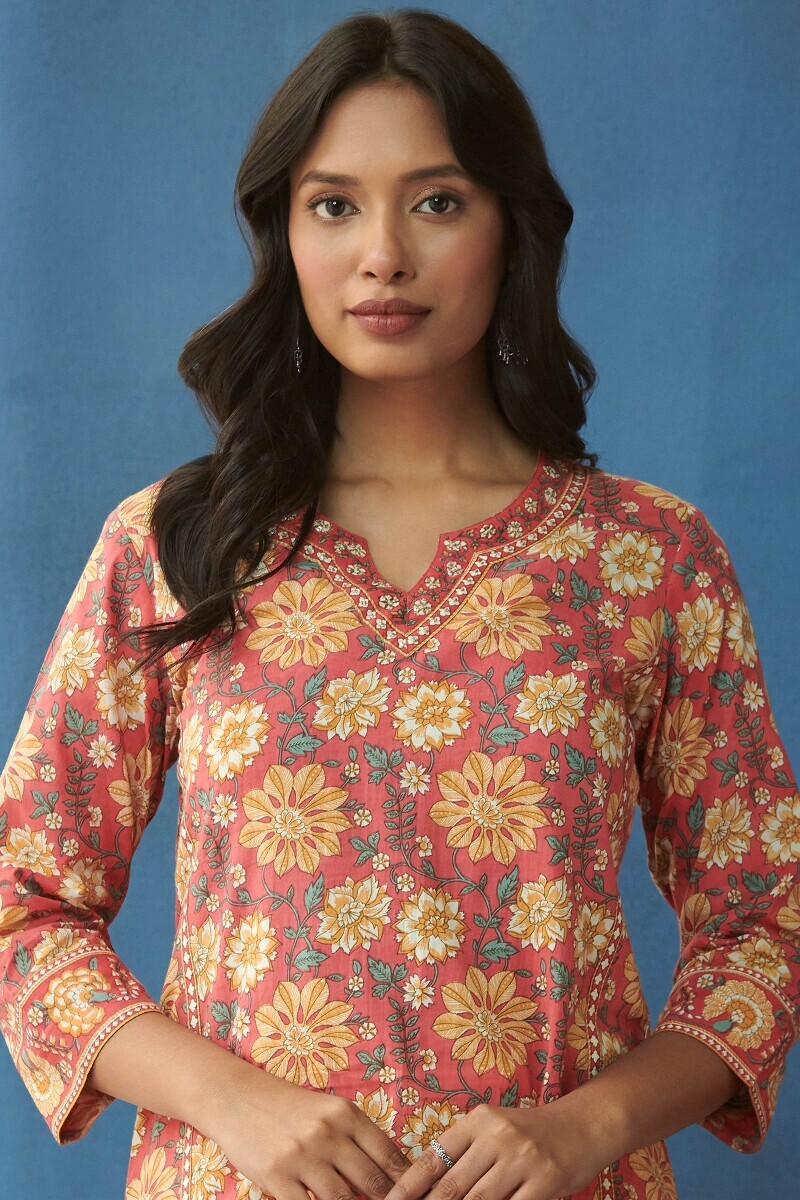 Pink Hand Printed Straight Cotton Kurta