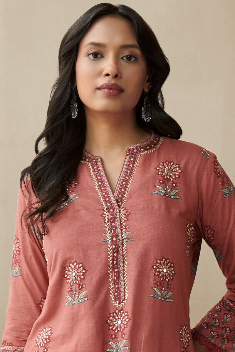 Rust Printed Straight Cotton Kurta