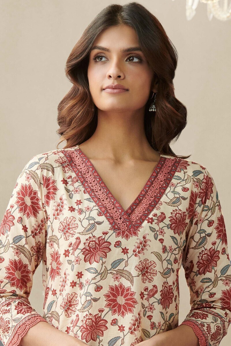 Cream Printed Straight Cotton Kurta