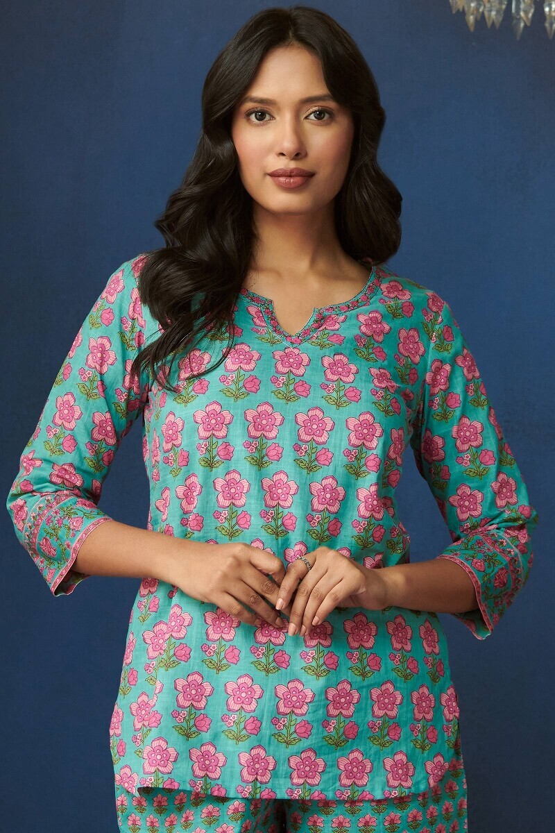 Blue Hand Printed Cotton Slub Loungewear Set