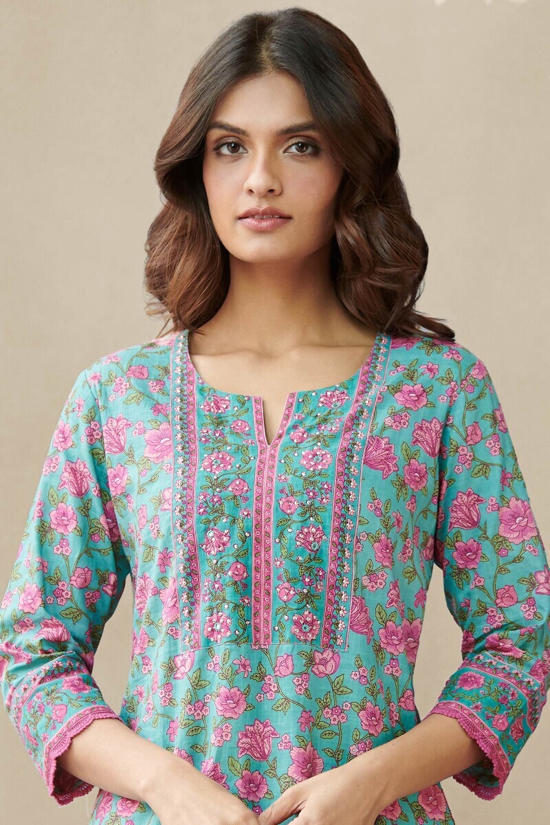 Blue Hand Printed Straight Cotton Slub Kurta
