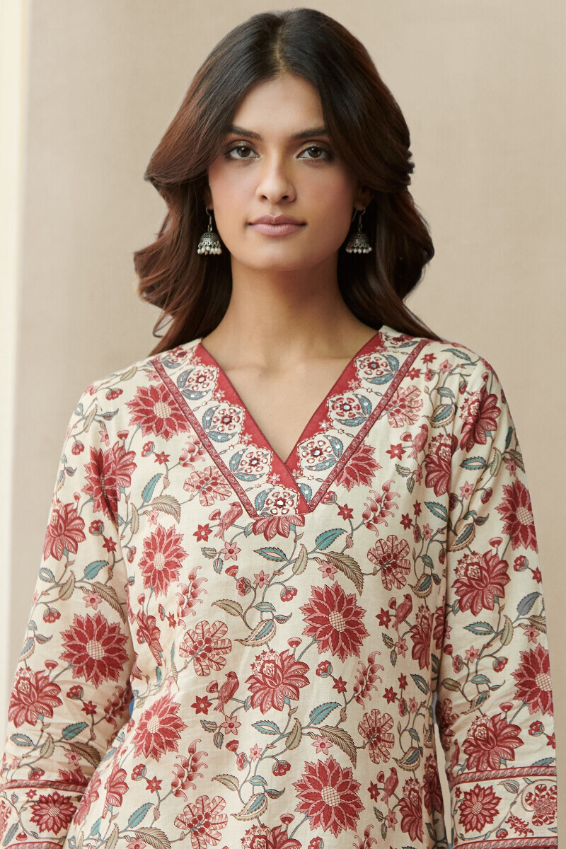 Cream Printed Straight Cotton Kurta