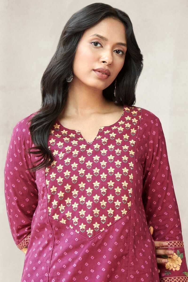Pink Printed Straight Cotton Kurta