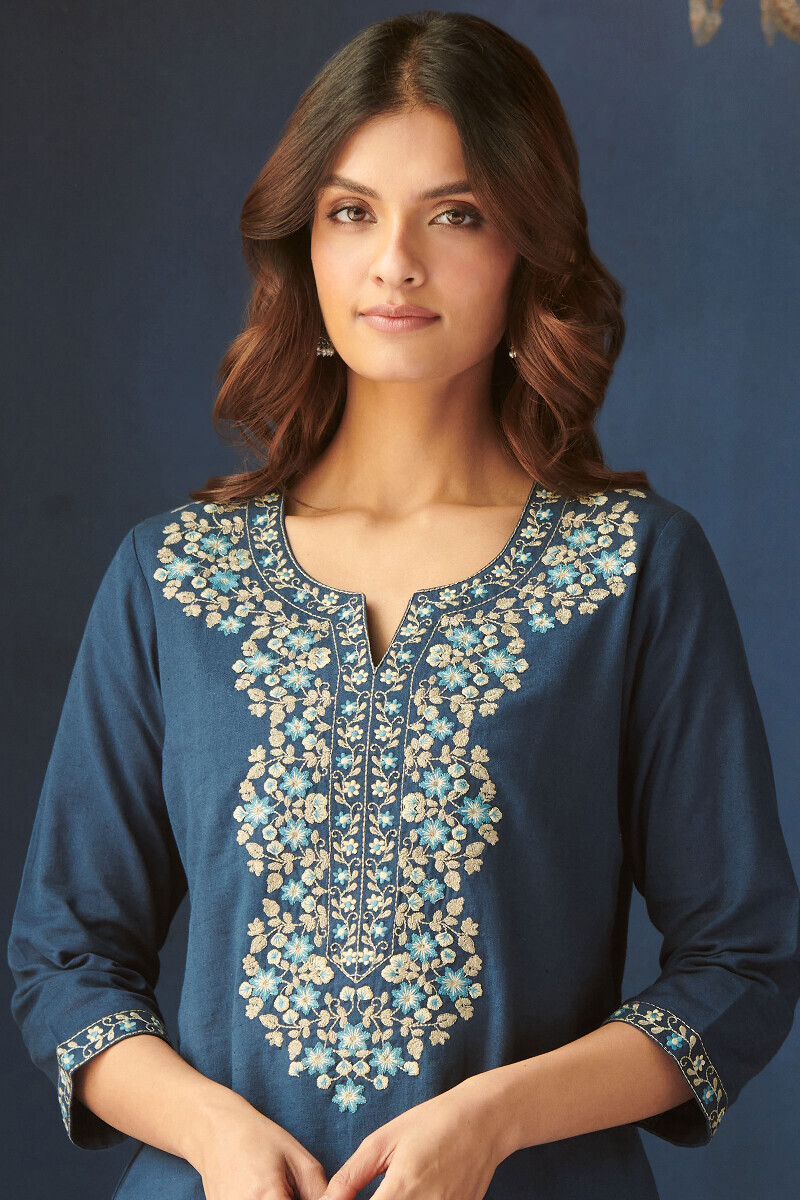 Blue Handcrafted Straight Cotton Kurta