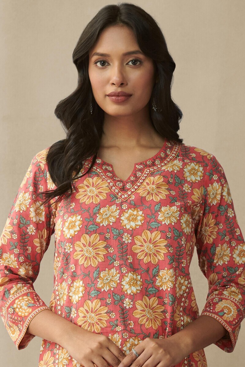 Pink Hand Printed Straight Cotton Kurta