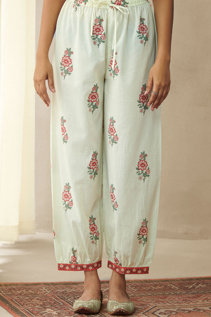Cream Hand Printed Cotton Izhaar Pants