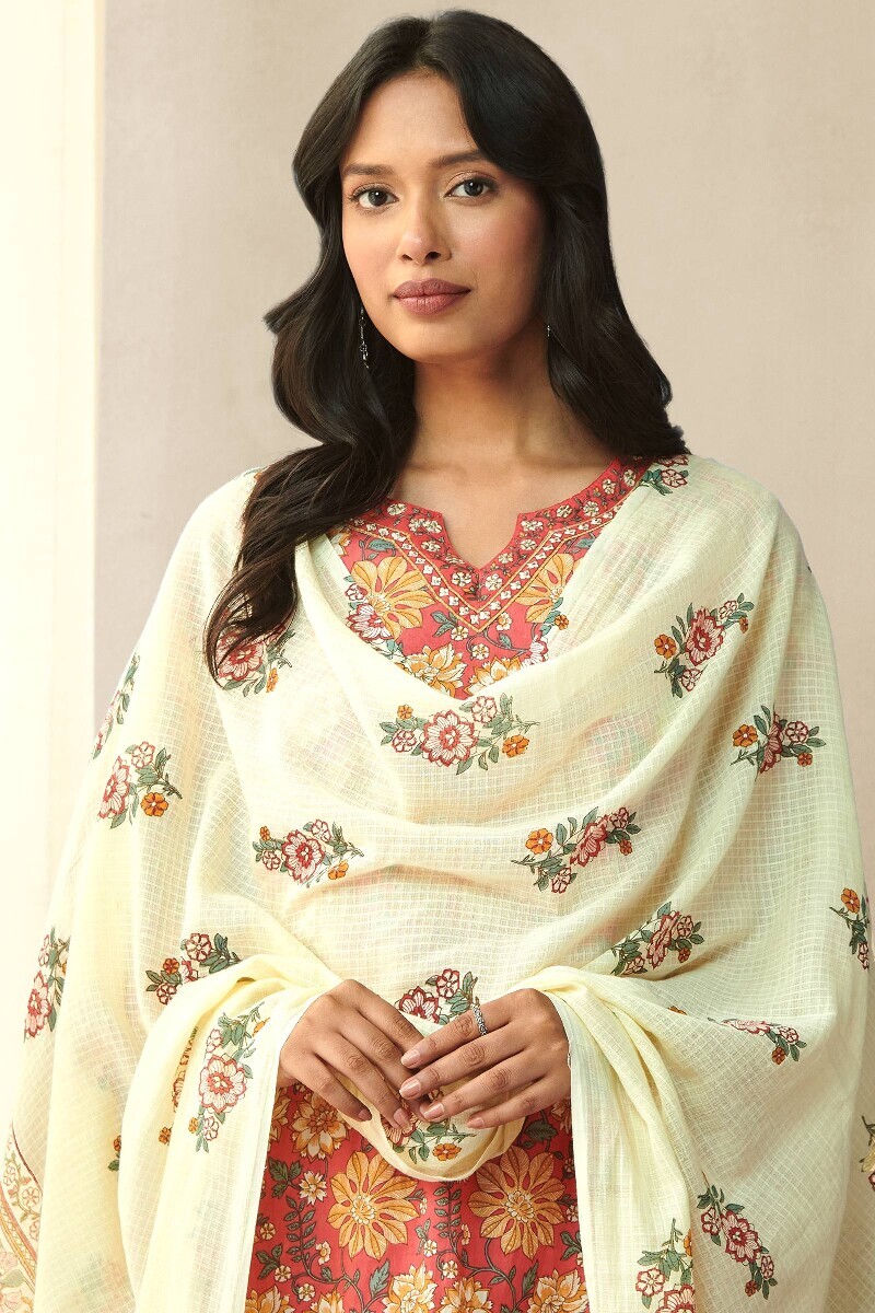 Cream Hand Printed Kota Dupatta