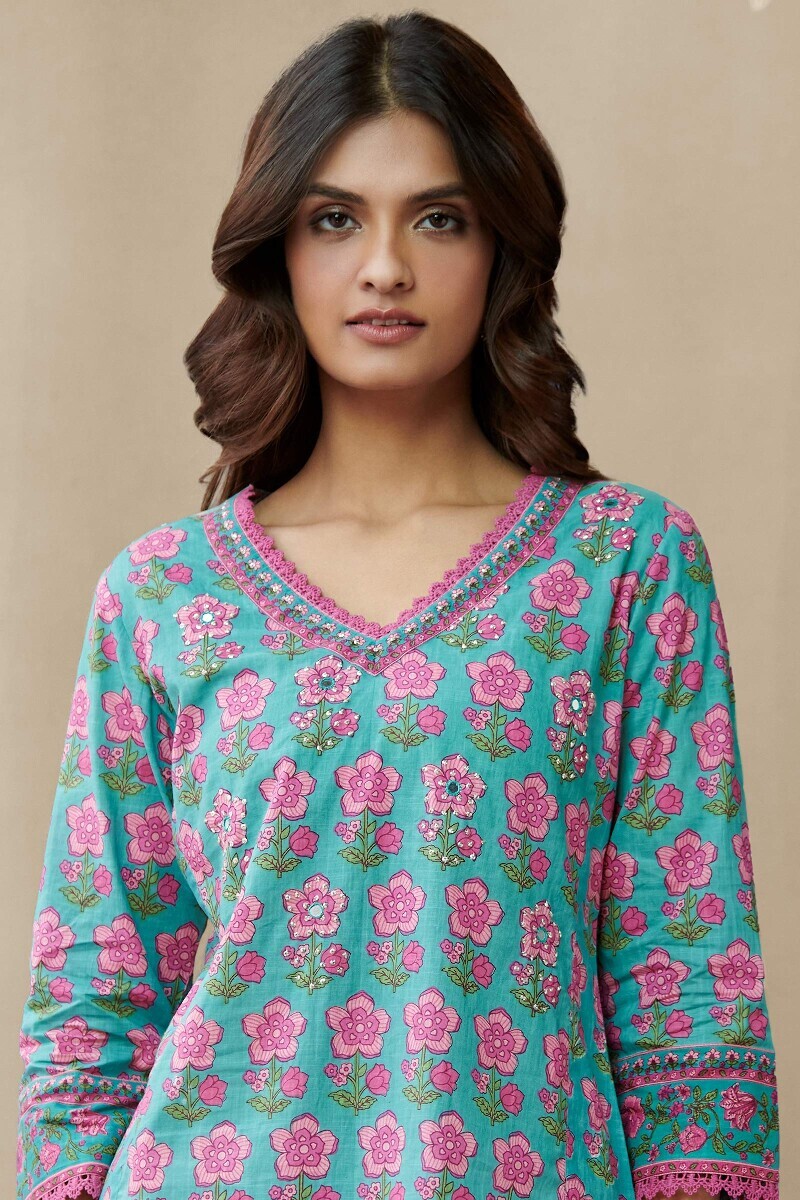 Blue Hand Printed Straight Cotton Slub Kurta