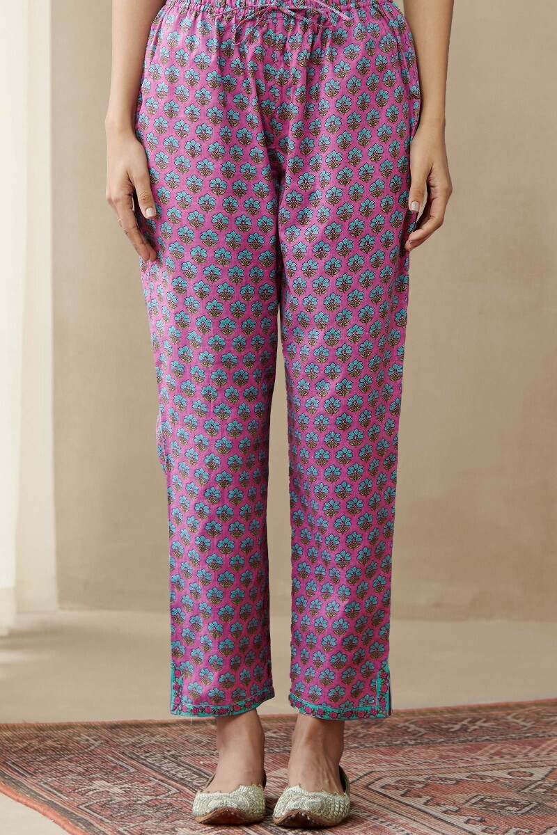 Pink Hand Printed Cotton Slub Narrow Pants