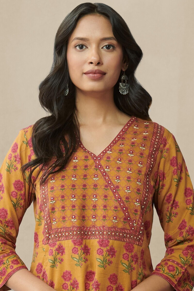 Mustard Printed Straight Cotton Kurta