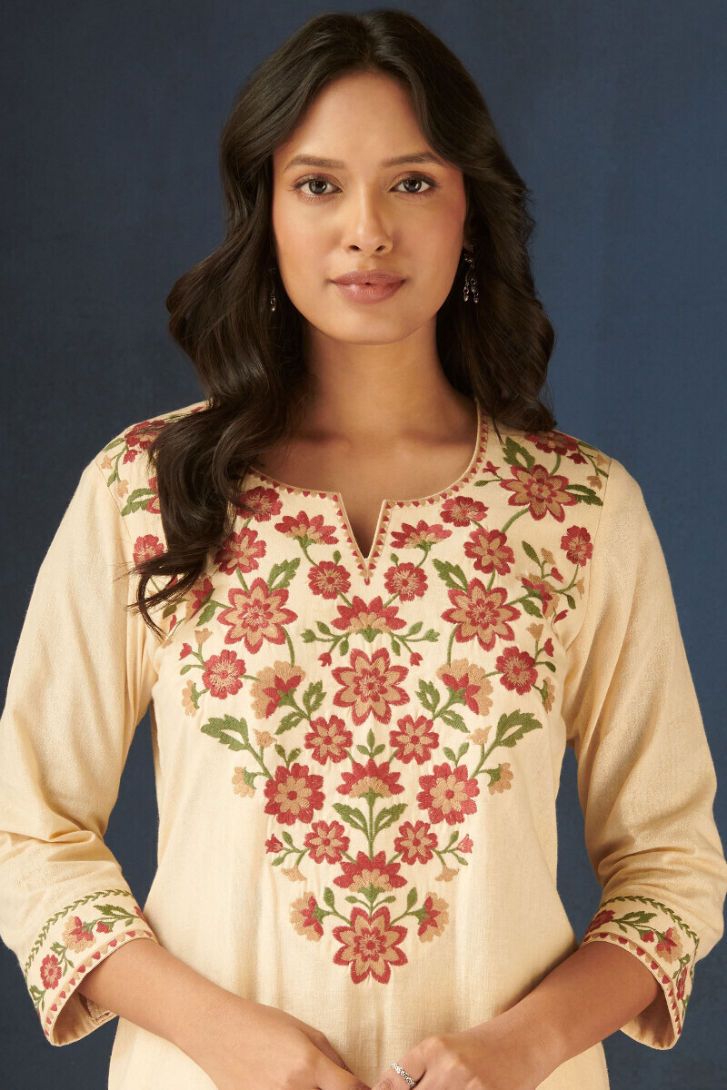 Cream Handcrafted Straight Cotton Flax Kurta