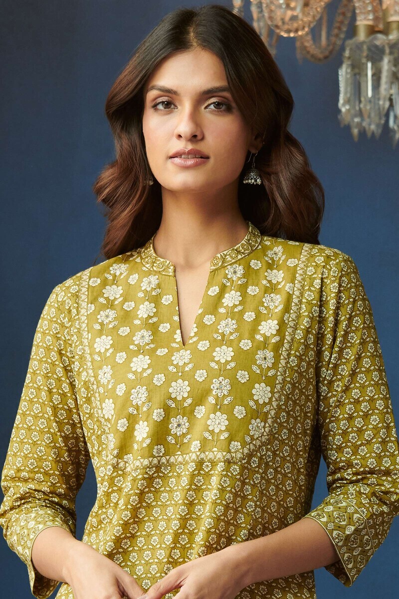 Green Hand Printed Straight Cotton Kurta