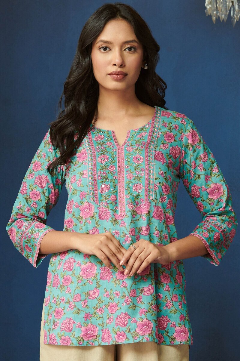 Blue Hand Printed Cotton Slub Top