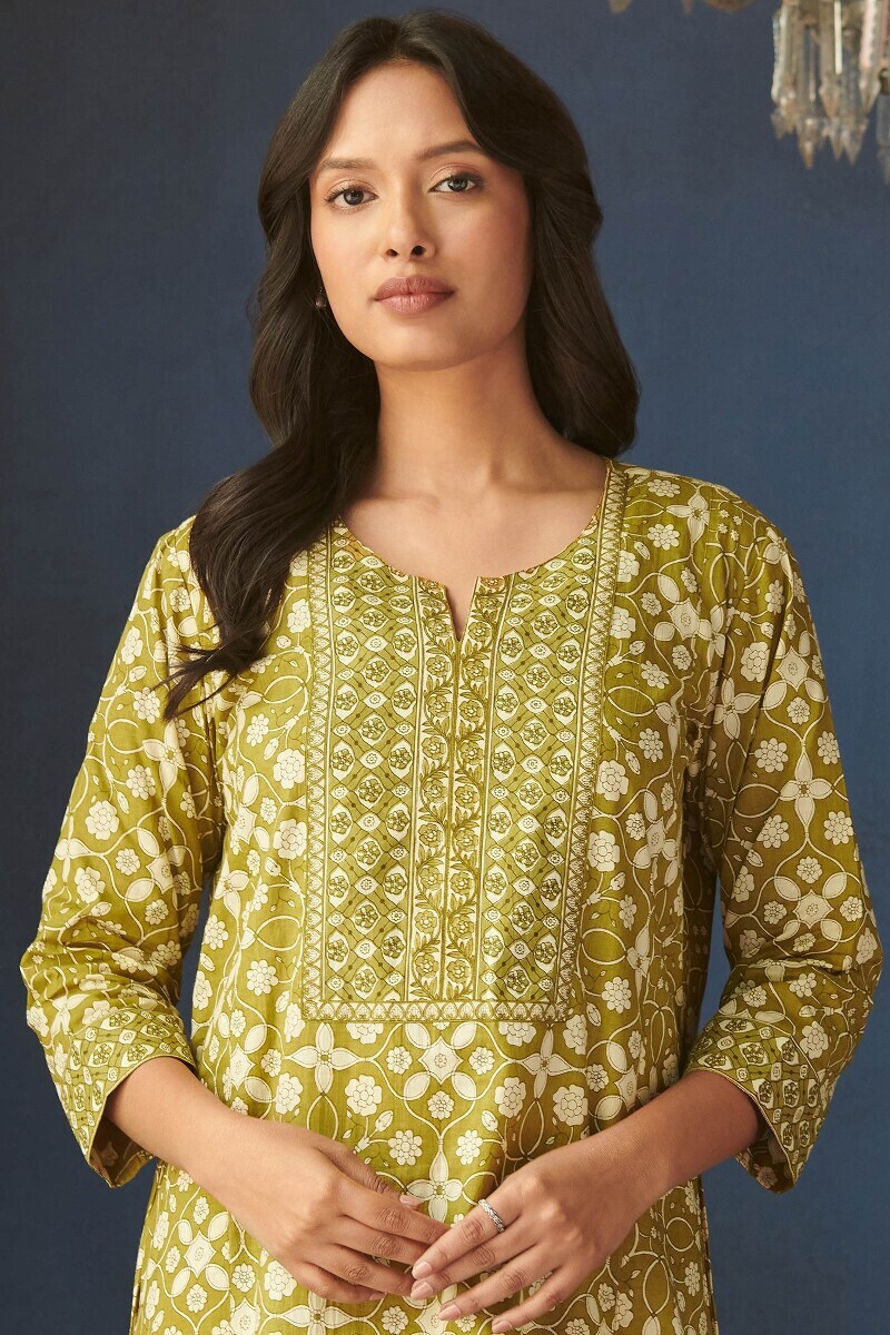 Green Hand Printed Cotton Kaftan