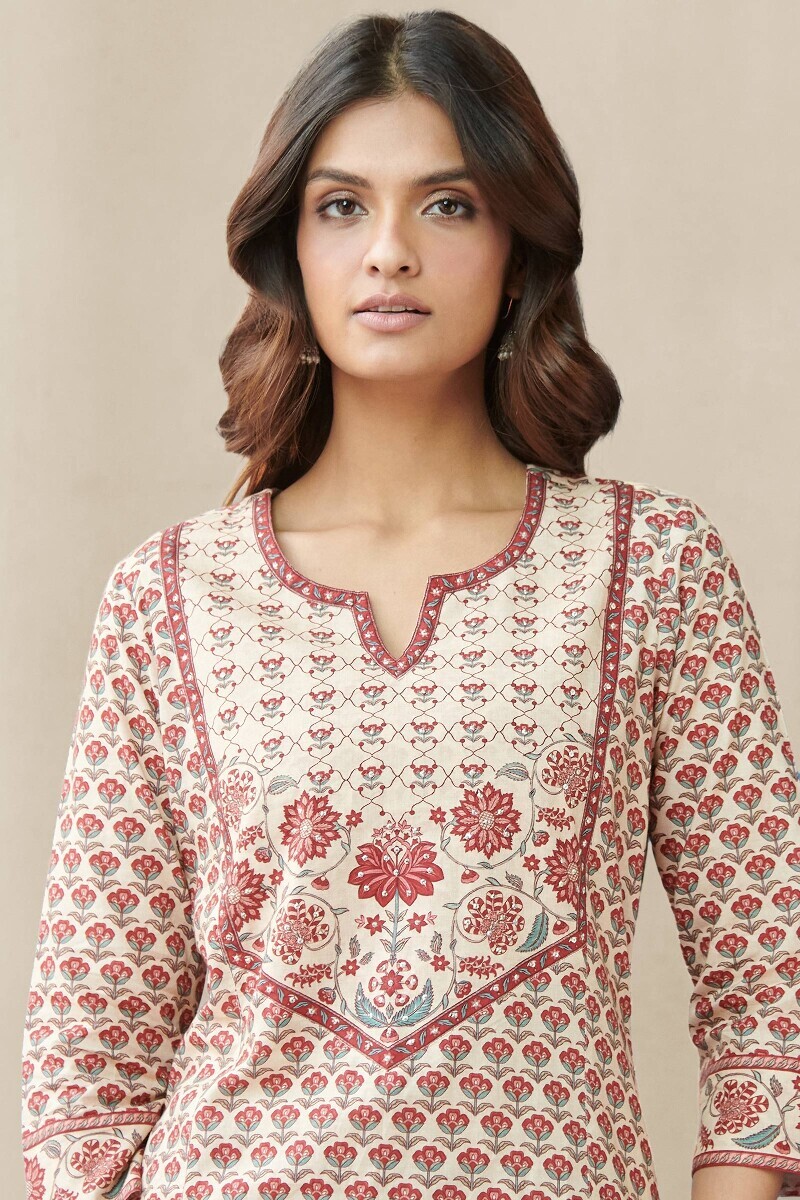 Cream Printed Straight Cotton Kurta