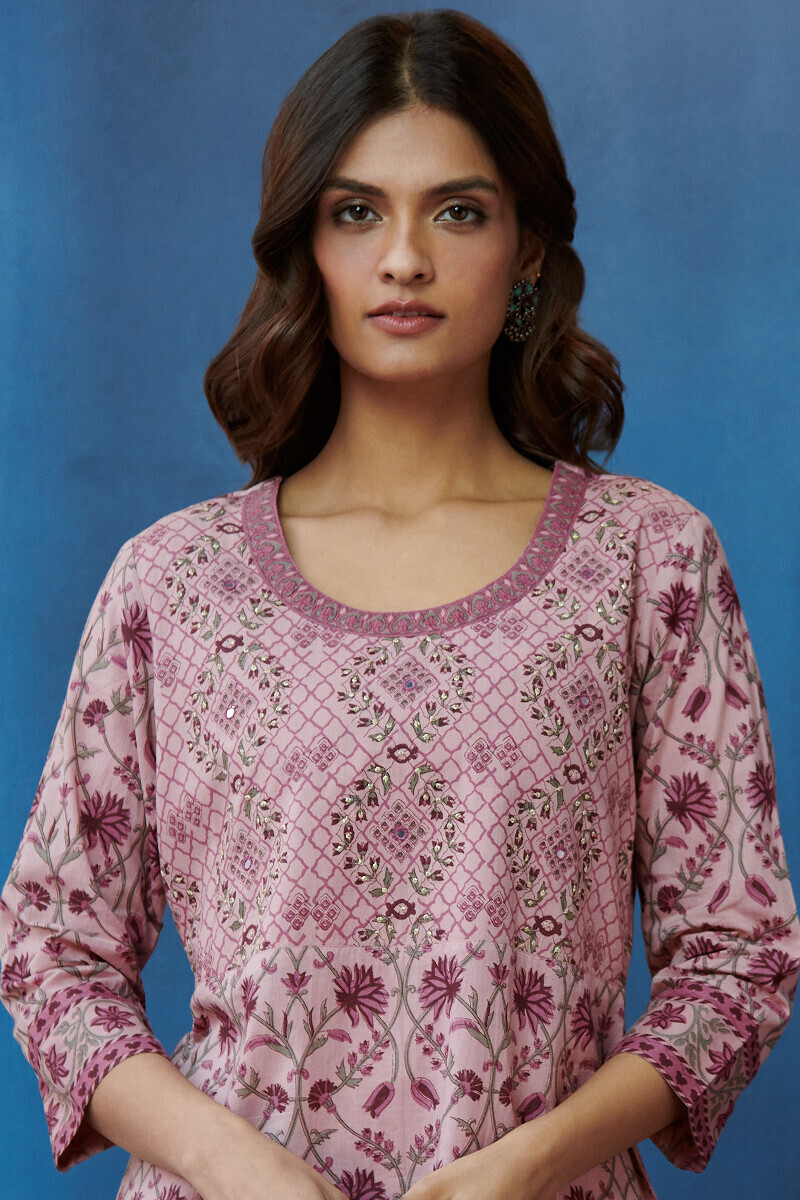 Pink Hand Printed Straight Cotton Kurta