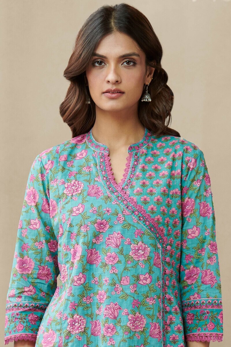 Blue Hand Printed Angrakha Cotton Slub Kurta