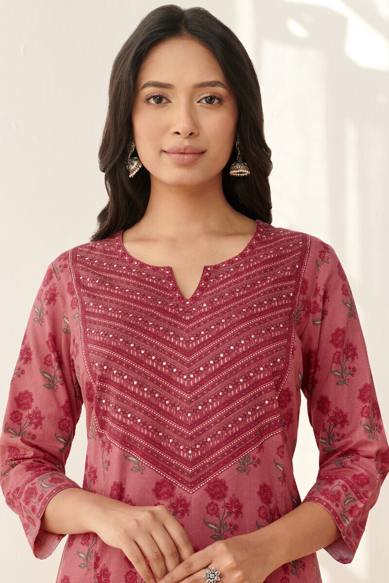 Pink Printed Straight Cotton Kurta