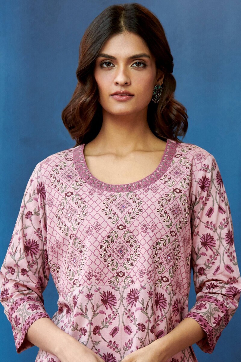 Pink Hand Printed Straight Cotton Kurta