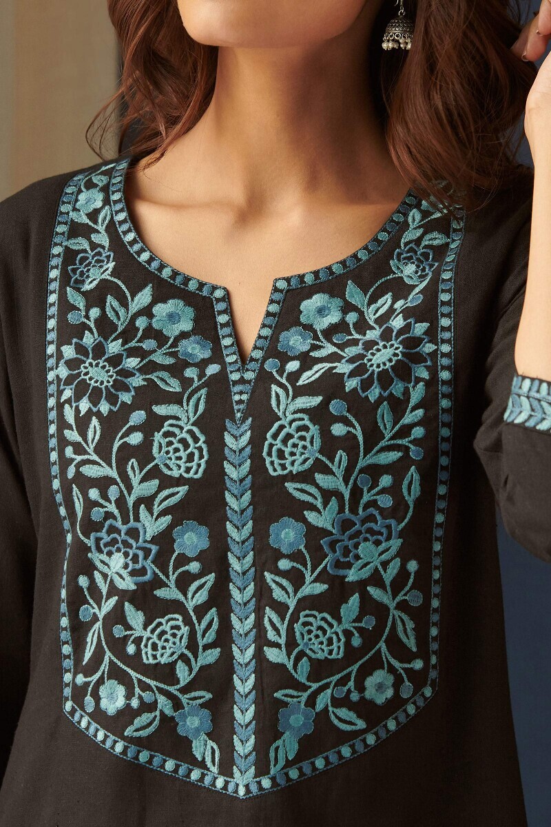 Black Handcrafted Straight Cotton Flax Kurta