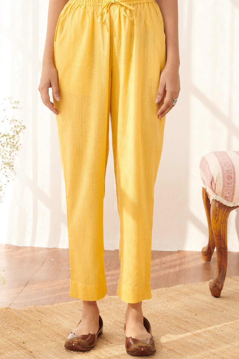 Yellow Handcrafted Cotton Dobby Narrow Pants