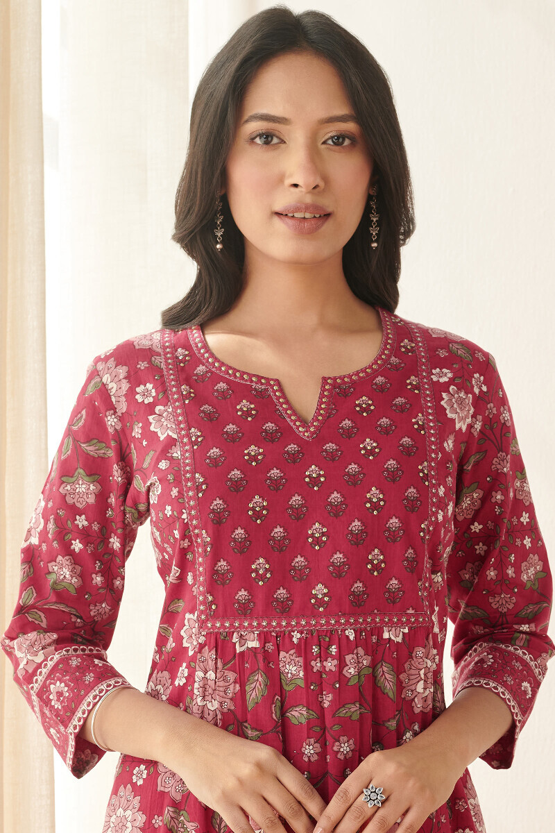 Red Hand Printed A-Line Cotton Kurta