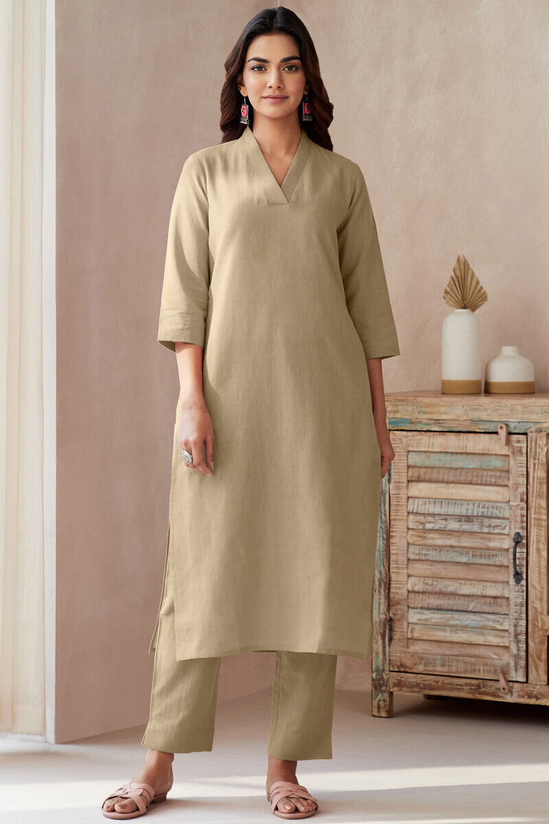 Beige Handcrafted Cotton Flax Narrow Pants